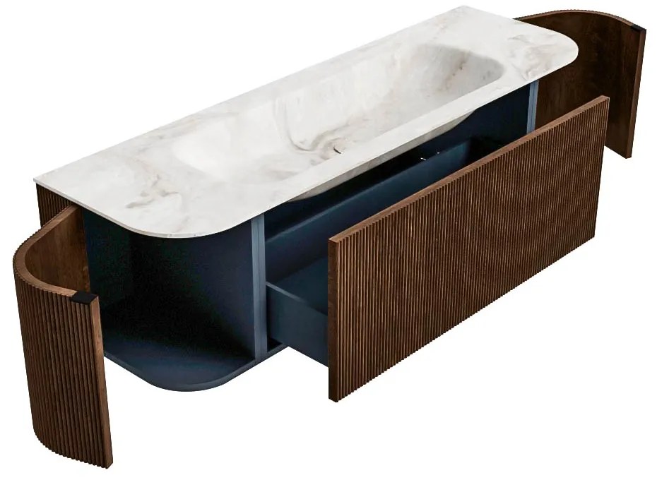 Mondiaz Kurve-dlux 150cm badmeubel ronding links/rechts walnut met 1 lade en 2 deuren en wastafel big medium midden zonder kraangat frappe