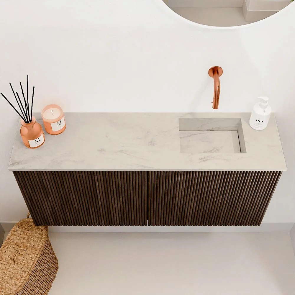 Mondiaz Joya DLux 90cm toiletmeubel walnut met wastafel faye rechts zonder kraangat opalo