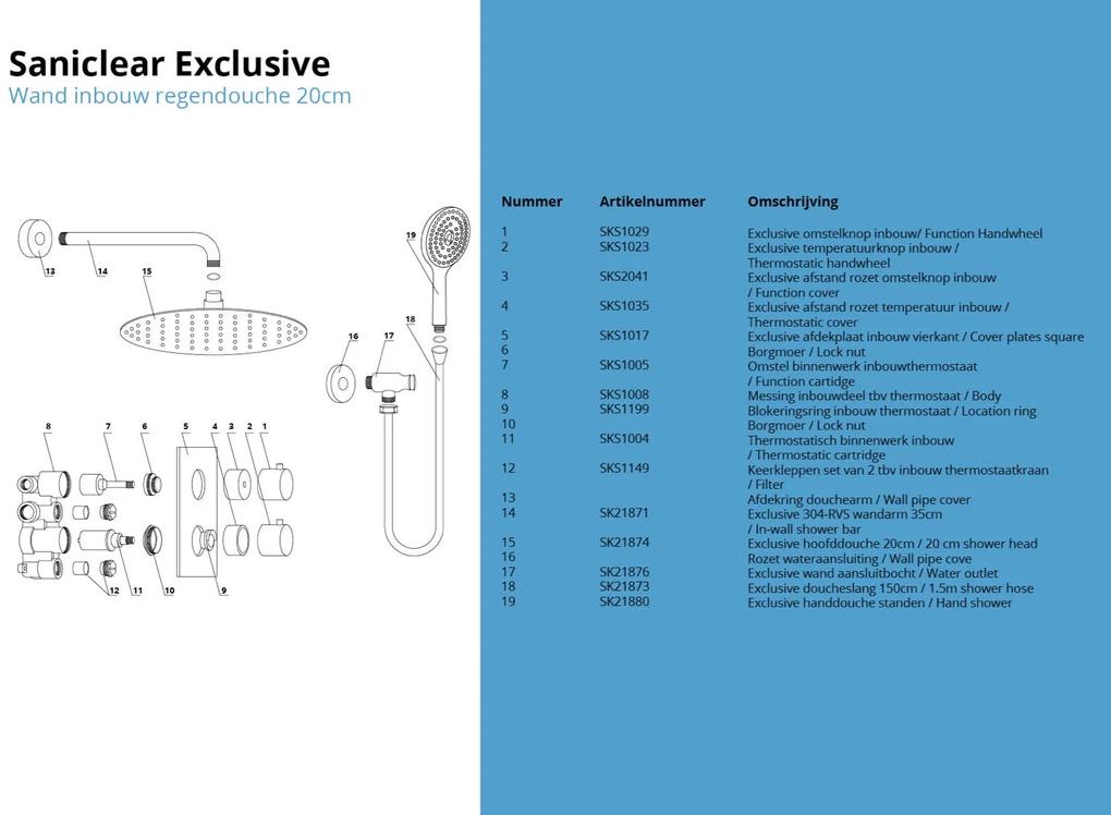 Saniclear Exclusive volledig 304 RVS inbouw regendouche 20cm met 3 standen handdouche wandmontage