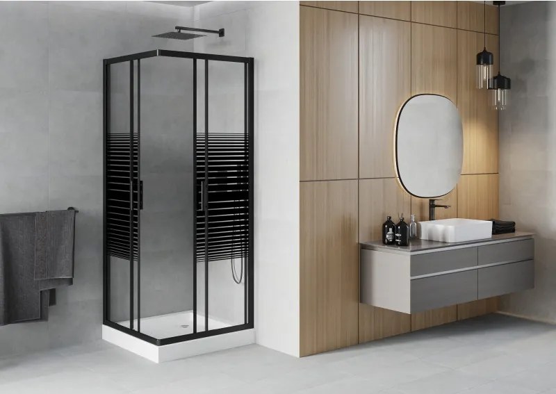 Mexen Rio vierkante douchecabine 80 x 80 cm, zwarte strepen, zwart + douchebak, wit - 860-080-080-70-20-4510