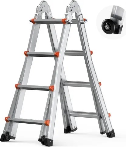 VEVOR Telescopische Ladder met A-frame, 4 m aluminium uitschuifladder, Multifunctionele opvouwbare camperladder, Telescopische ladder voor huiswerk, trappen, binnen- en buitendaken, Draagvermogen 150 kg
