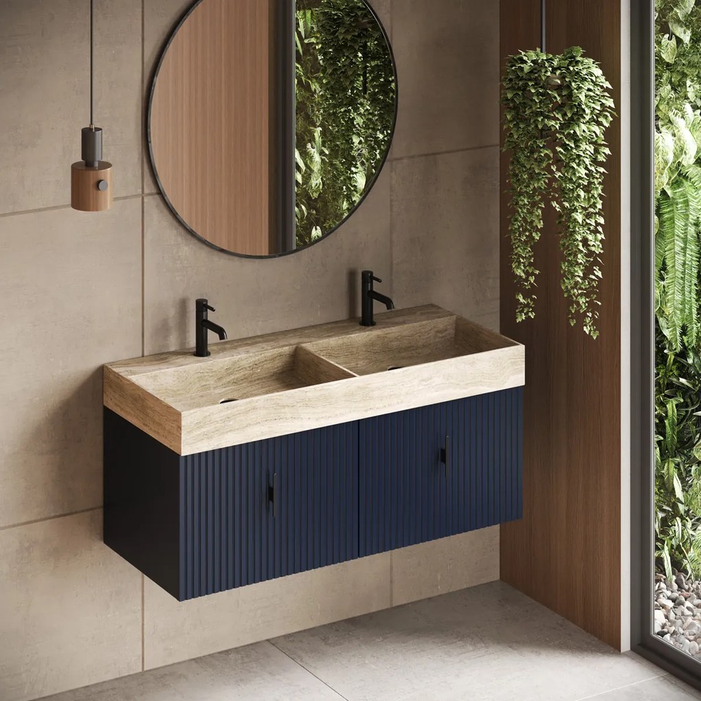 Muebles Zahora badmeubel ribbelfront 120cm marine blauw met White Travertin wastafel met kraangaten