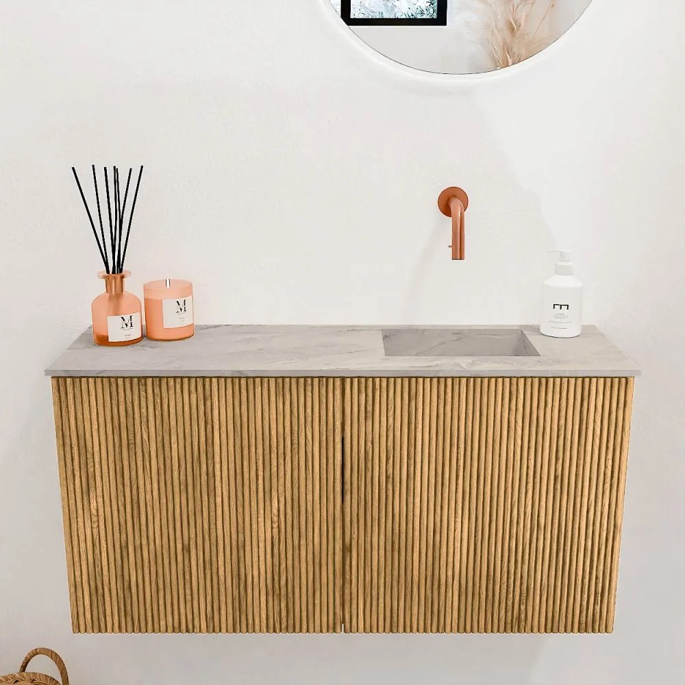 Mondiaz Joya DLux 80cm toiletmeubel oak met wastafel faye rechts zonder kraangat glace