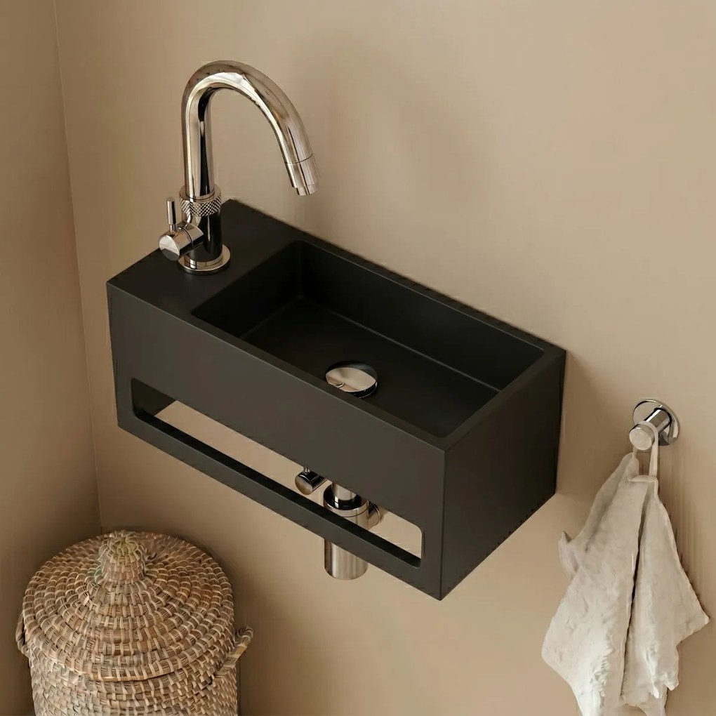 Saniclear Bali mat zwarte solid surface fontein 36x20cm links