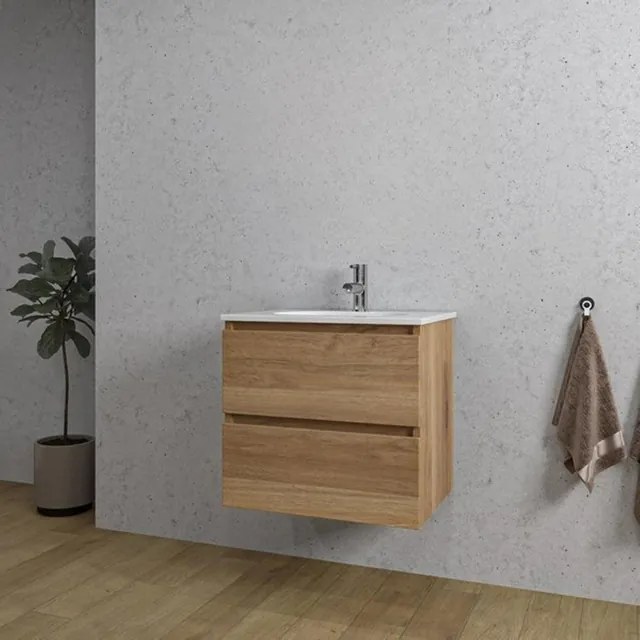 Adema Chaci Badkamermeubelset - 60x46x57cm - 1 ovale keramische wasbak wit - 1 kraangat - 2 lades - eiken SW1212759/SW718716