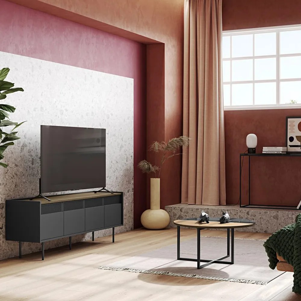 TemaHome Radio Zwart Tv-meubel Met Walnoot Blad - 160x43x60cm.