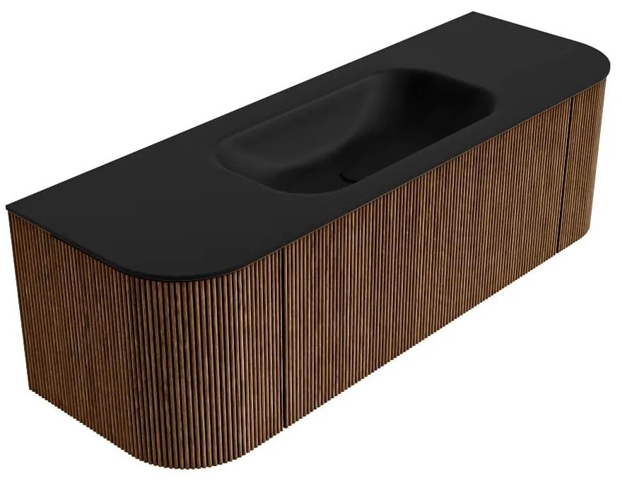 Mondiaz Kurve 140cm badmeubel ronding links/rechts walnut met 1 lade en 2 deuren en wastafel big small midden 1 kraangat urban