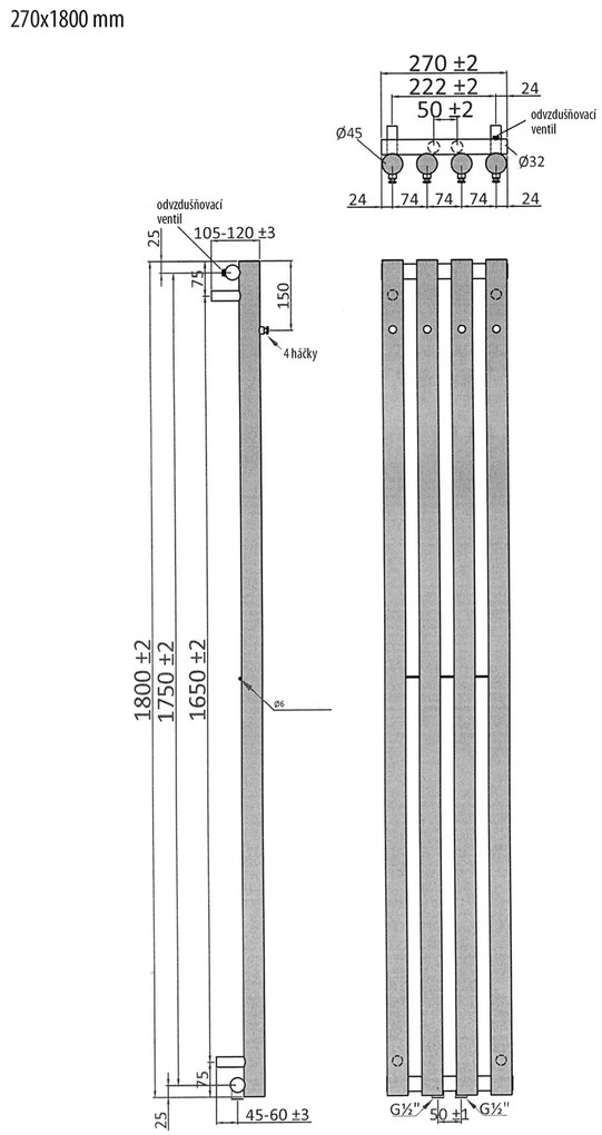 Sapho Pilon radiator 27x180cm mat wit