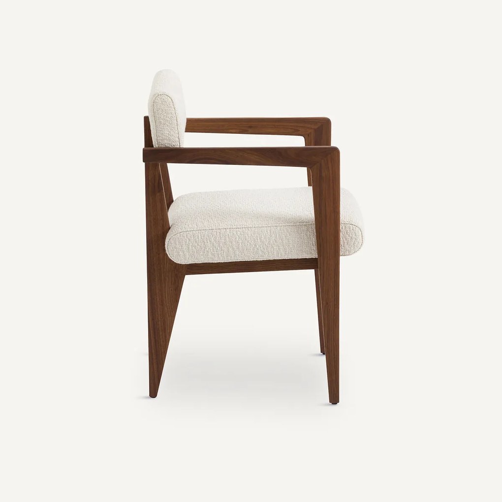 Tafelfauteuil in notenhout in bouclé stof, Izag