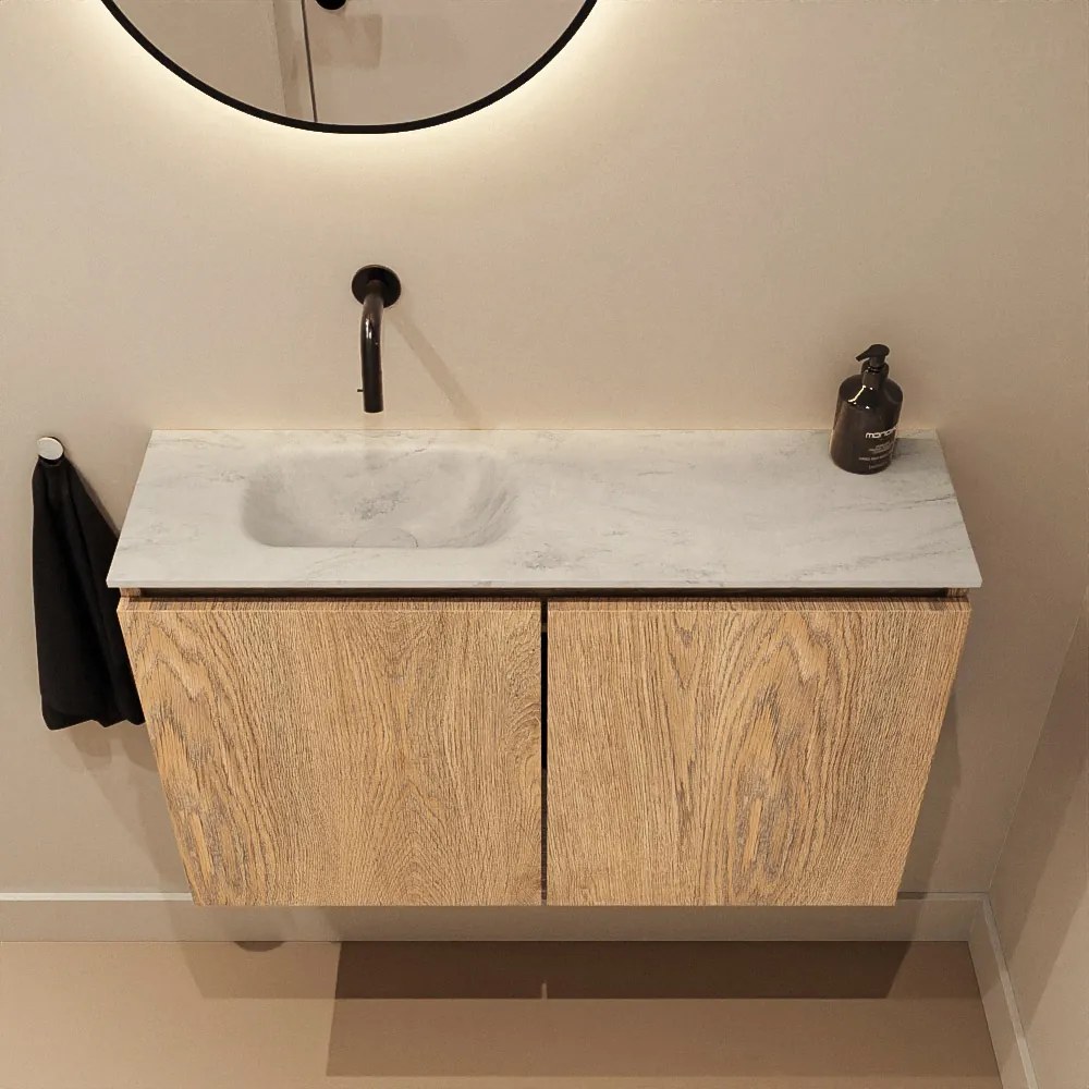 Mondiaz Ture DLux toiletmeubel 80cm washed oak met wastafel opalo links zonder kraangat