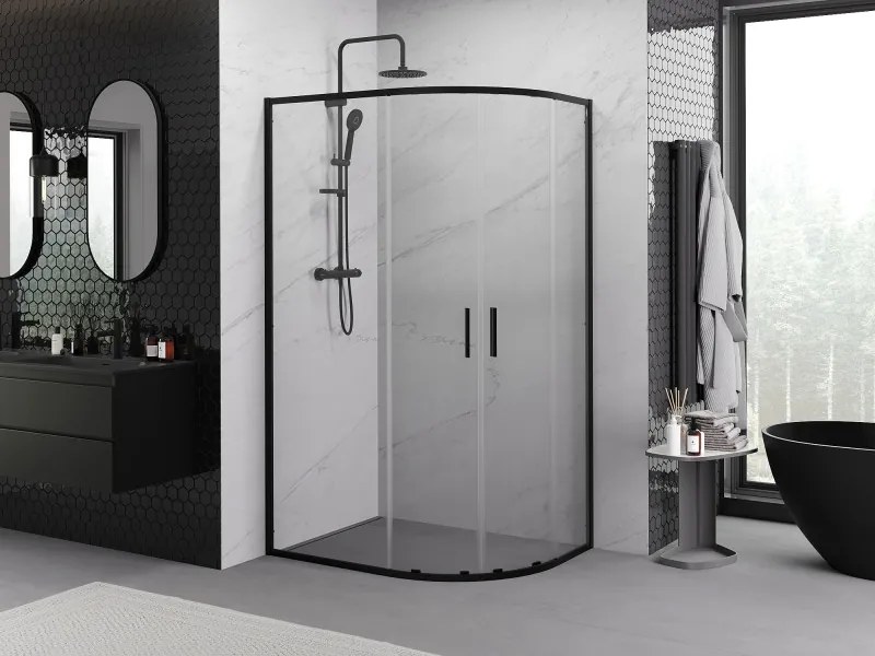 Mexen Exo-S Duo asymmetrische halfronde douchecabine schuifdeur 90 x 80 cm, transparant, zwart - 8132-090-080-70-00