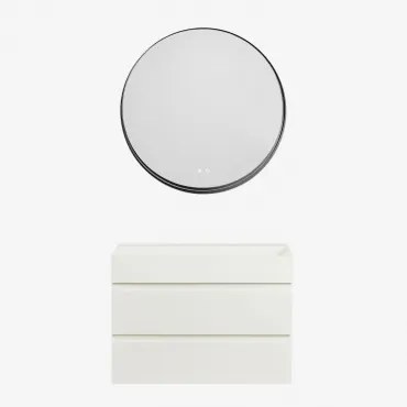 Ona Zwevend Badkamermeubelset Van Hout En Essenfineer Met Geïntegreerde Wastafel Wit & Round Led And Antifog Zwart Ø80 Cm Kimacs & Zonder - Sklum