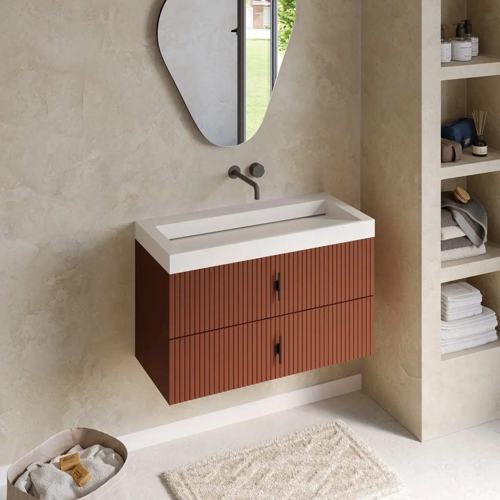 Muebles Estella badmeubel ribbelfront 100cm terracotta met solid surface wastafel zonder kraangat