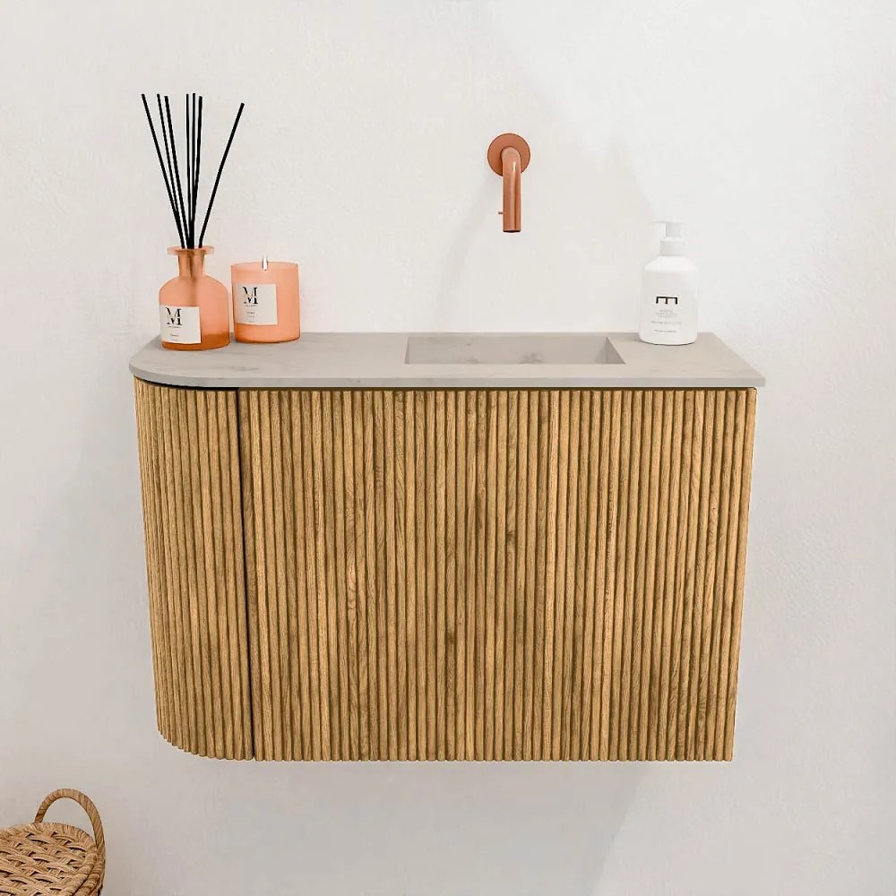 Mondiaz Joya DLux 60cm toiletmeubel ronding links oak met wastafel faye rechts zonder kraangat opalo