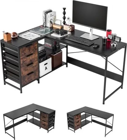 VEVOR Gamingbureau L-vormig 1,5 m, gamerbureau met lades en opbergvakken, computerbureau met een draagvermogen van 68 kg, hoekbureau, hoekwerkplek voor thuiswerkplek