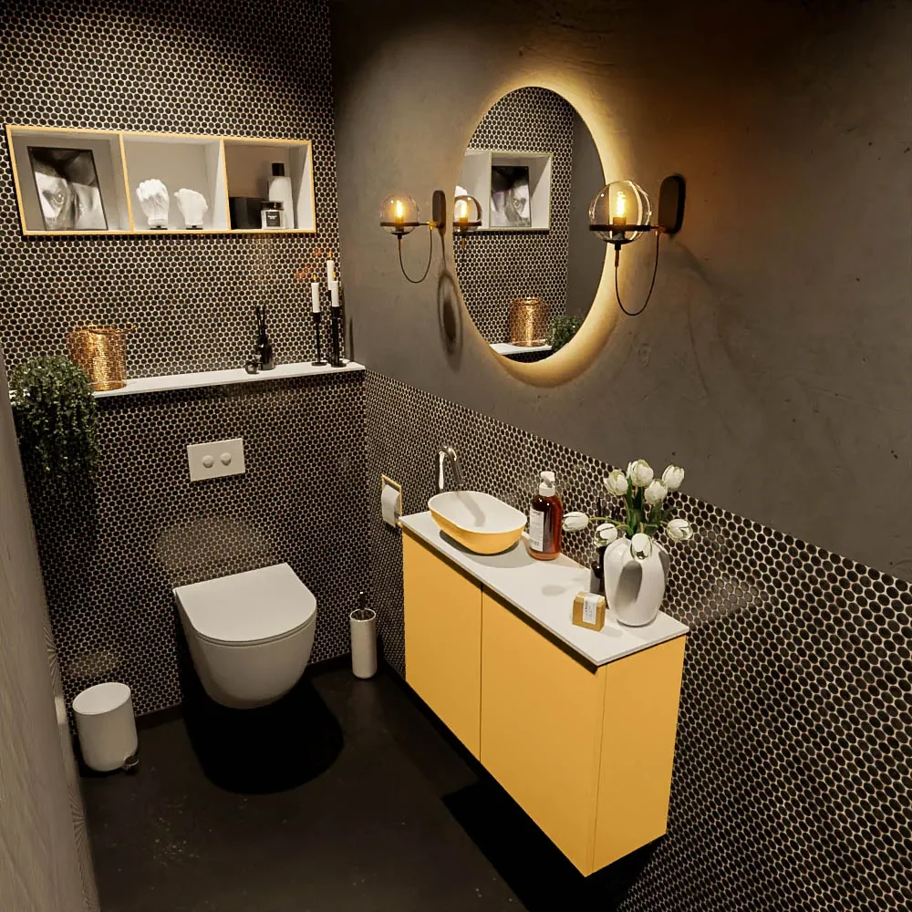 Mondiaz Fowy toiletmeubel 80cm ocher met gele waskom links en kraangat