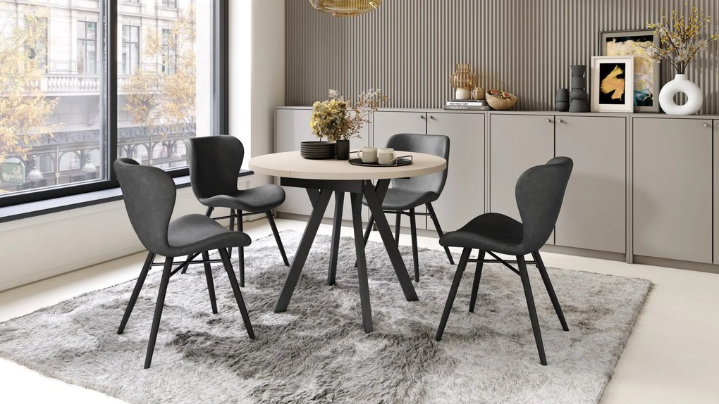 ALMO Beige/Zwarte poten - RONDE LOFT/INDUSTRIËLE TAFEL VOOR WOONKAMER/EETKAMER, UITSCHUIFBAAR