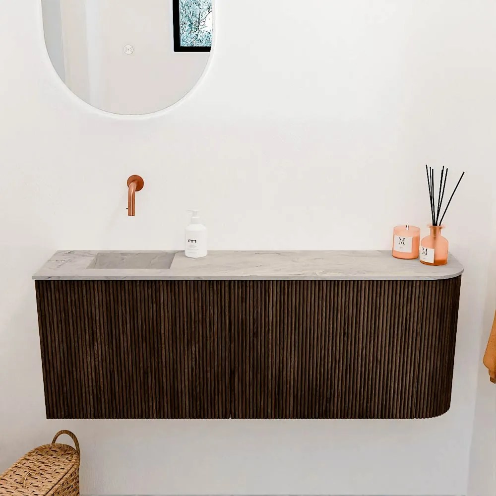 Mondiaz Joya DLux 110cm toiletmeubel ronding rechts walnut met wastafel faye links zonder kraangat glace