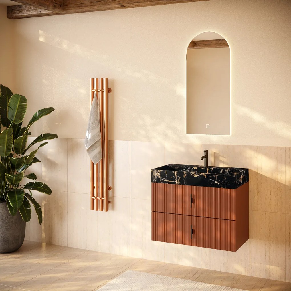 Muebles Murcia badmeubel ribbelfront 80cm terracotta met Portoro Gold wastafel met kraangat