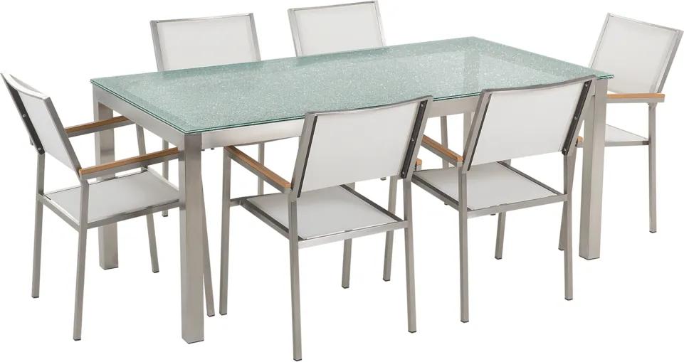 Tuinset matglas/RVS enkel tafelblad 180 x 90 cm met 6 stoelen wit GROSSETO