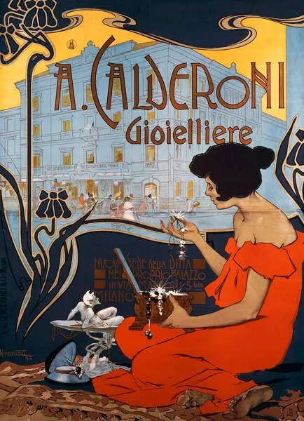 Kunstreproductie Advertising poster for Calderoni Jewelers in Milan, 1898, by Adolf Hohenstein , Italy, 19th century, Hohenstein, Adolfo