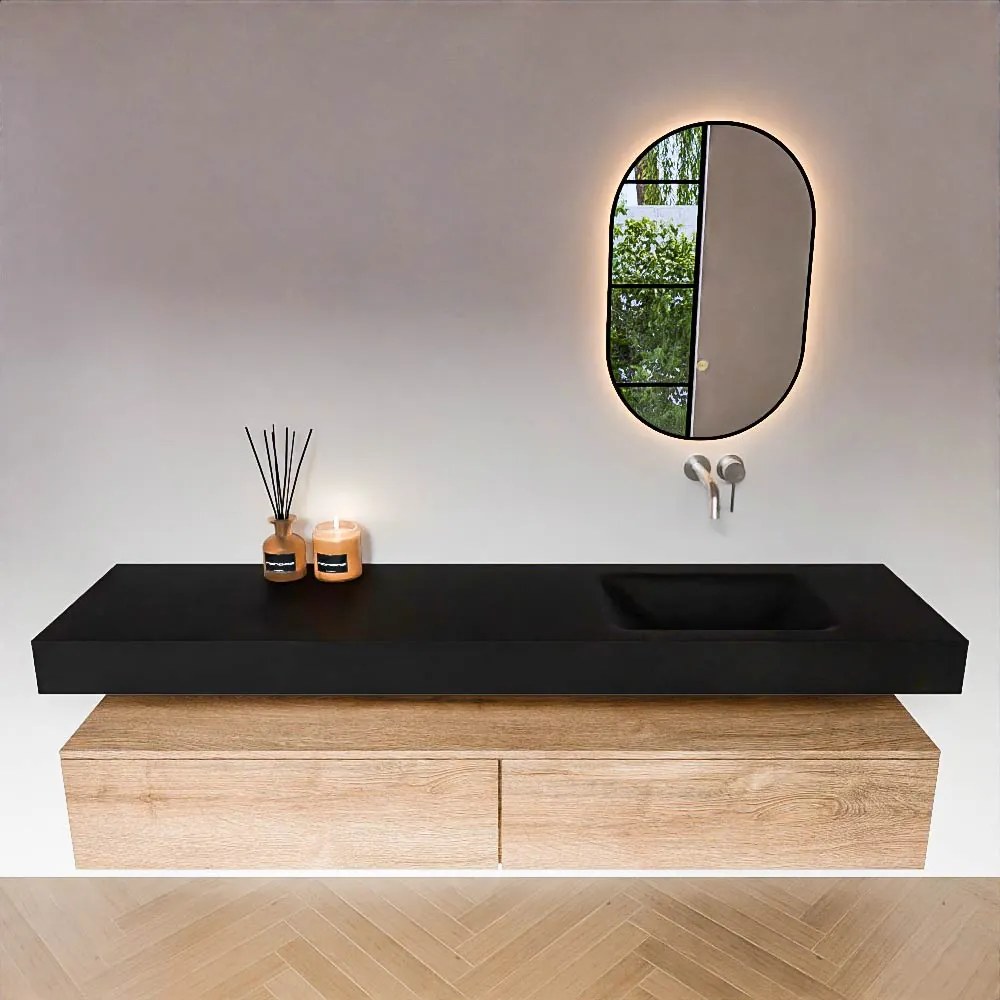 Zaro Alan badmeubel 190cm washed oak 2 lades met vrijhangende wastafel cloud rechts zonder kraangat urban