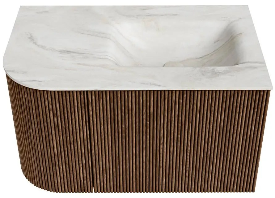 Mondiaz Kurve-dlux 75cm badmeubel ronding links walnut met 1 lade en deur en wastafel grunne rechts zonder kraangat ostra