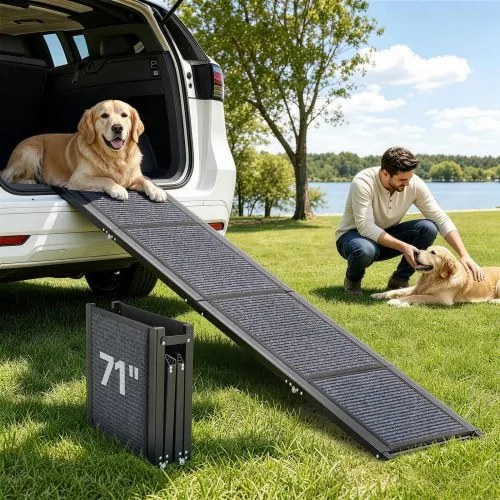 VEVOR Hondenhelling, 180 x 43,2 cm, Opvouwbare hondenhelling voor in de auto voor middelgrote en grote honden tot 113 kg, Hondentrap met antislip vilten tapijt, Draagbare instaphulp voor SUV's en vrachtwagens