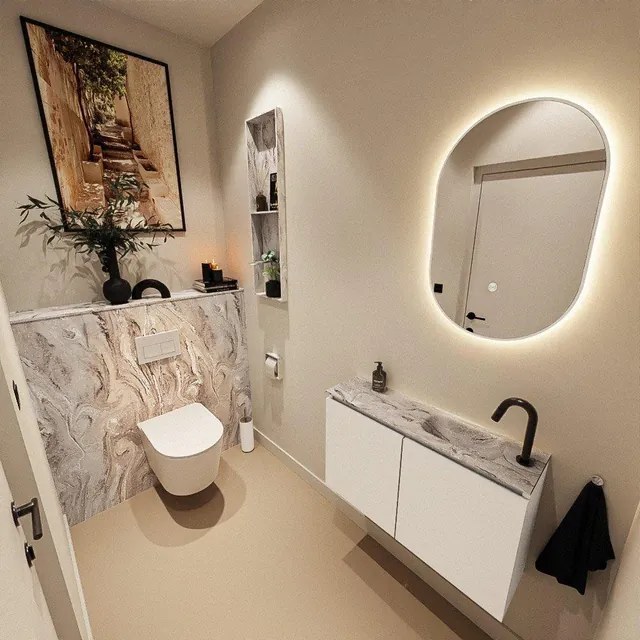 MONDIAZ TURE-DLUX 80cm toiletmeubel Talc. EDEN wastafel Glace positie rechts. Met 1 kraangat. TUREDX80TALR1GLA