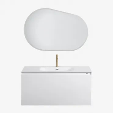 Macrae Zwevend Houten Badkamermeubelset Met Geïntegreerde Wastafel Wit & Ovaal Led En Anticondens 100x80 Cm Riben & Geborsteld Goud - Sklum