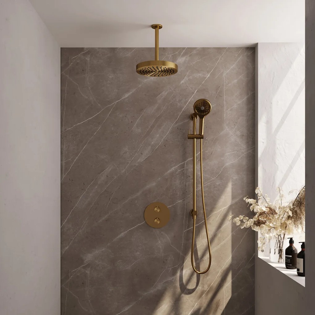 Brauer Stripe inbouw regendouche rond met 25cm hoofddouche, rond met plafondarm, glijstang en 3 standen handdouche set 48 messing geborsteld PVD