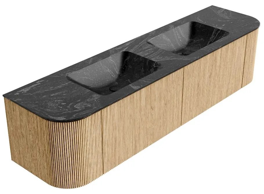 Mondiaz Kurve-dlux 180cm badmeubel ronding links/rechts oak met 2 lades en deuren en wastafel leaf dubbel 2 kraangaten lava
