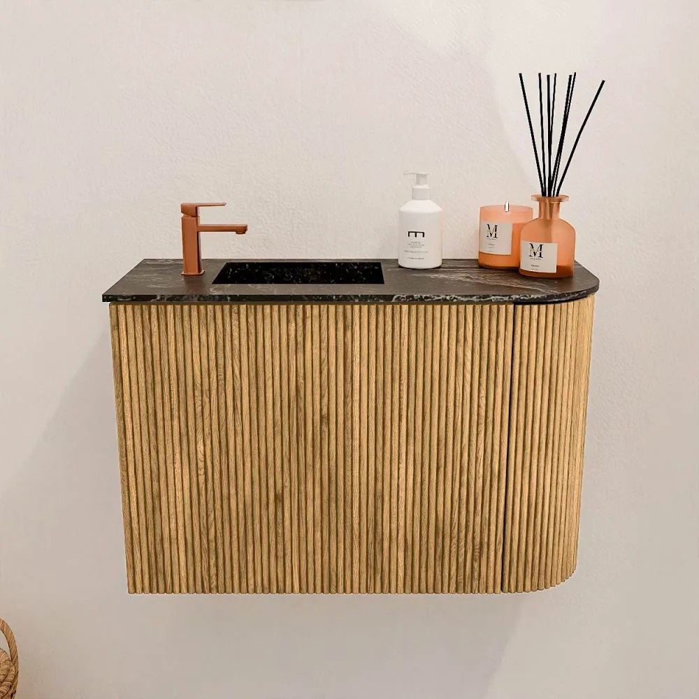 Mondiaz Joya DLux 60cm toiletmeubel ronding rechts oak met wastafel faye links 1 kraangat lava