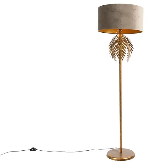 Vintage vloerlamp goud 145 cm met velours kap taupe 50 cm - Botanica