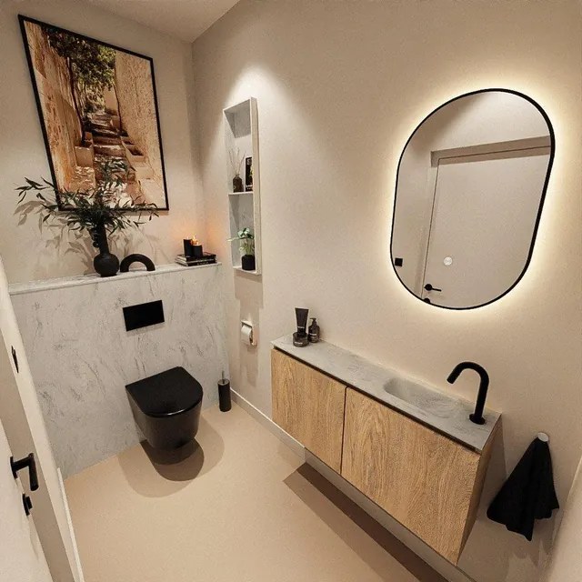 MONDIAZ TURE-DLUX 100cm toiletmeubel Washed Oak. EDEN wastafel Opalo positie rechts. Met 1 kraangat. TUREDX100WASR1OPA