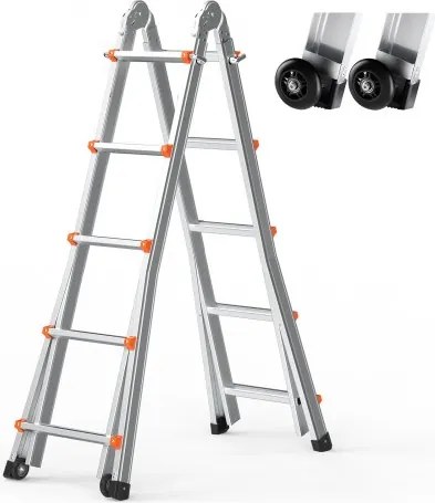 VEVOR Telescopische Ladder met A-frame, 5990 mm Aluminium Uitschuifladder, Multifunctionele Ladder, Opvouwbare Ladder, Trapladder, Aanleunladder voor Huiswerk, Trappen, Binnen- & Buitendaken, Draagvermogen 150 kg