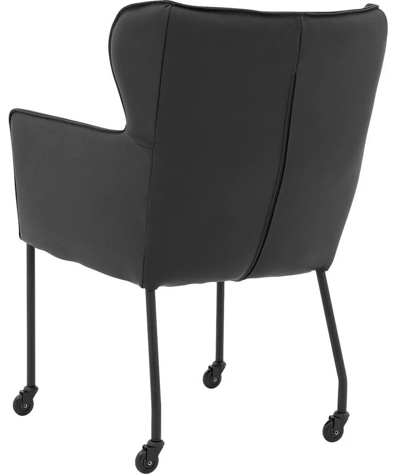 Goossens Excellent Eetkamerstoel Leogang zwart leer met armleuning en Zwart skater wiel met zwarte kapmet wielen, elegant chic