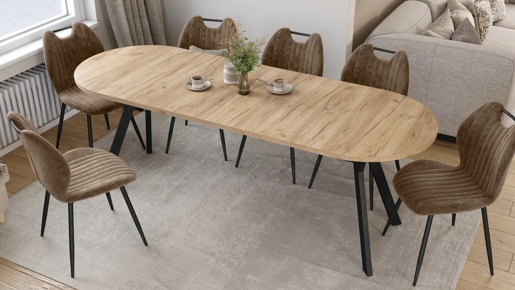 Mazzoni ALMO Craft Eiken Goud / zwarte poten - OVALE UITSCHUIFTAFEL 120-220 cm VOOR 10-12 PERSONEN