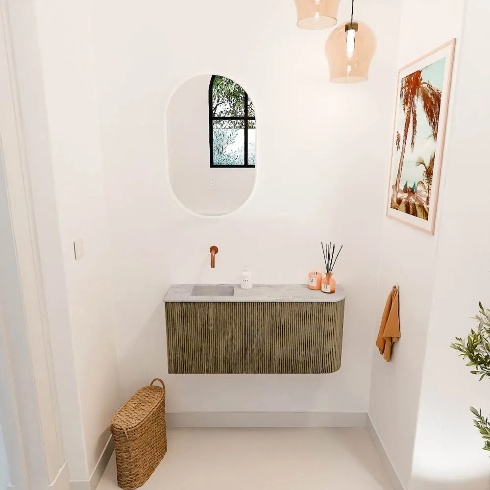Mondiaz Joya DLux 90cm toiletmeubel ronding rechts dusk met wastafel faye links zonder kraangat glace
