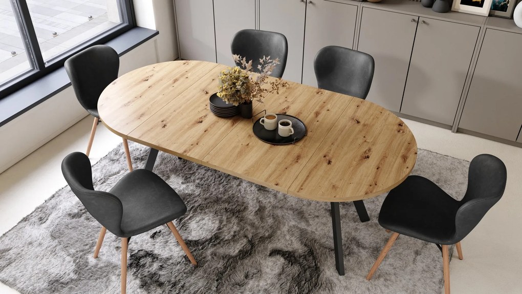 ALDO 100 Eiken Artisan/Zwarte poten - RONDE LOFT/INDUSTRIËLE TAFEL VOOR WOONKAMER/EETKAMER, UITSCHUIFBAAR