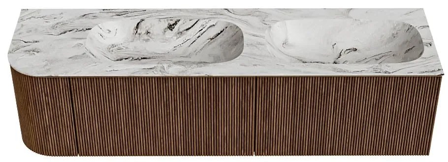 Mondiaz Kurve-dlux 165cm badmeubel ronding links walnut met 2 lades en 1 deur en wastafel stor small dubbel/rechts 2 kraangaten glace