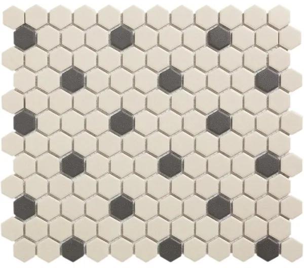 The Mosaic Factory London mozaiëktegel 2,3x2,3x0,6cm hexagon onverglaasd porselein vloertegel voor binnen en buiten vorstbestendig 18 stippen wit met zwart LOH- Mayfair-18
