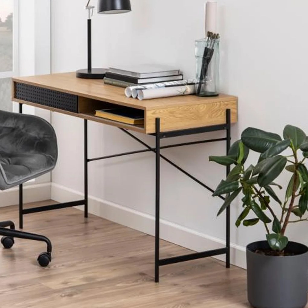 Compact Bureau Eiken Met Opbergruimte - 110 X 50cm.
