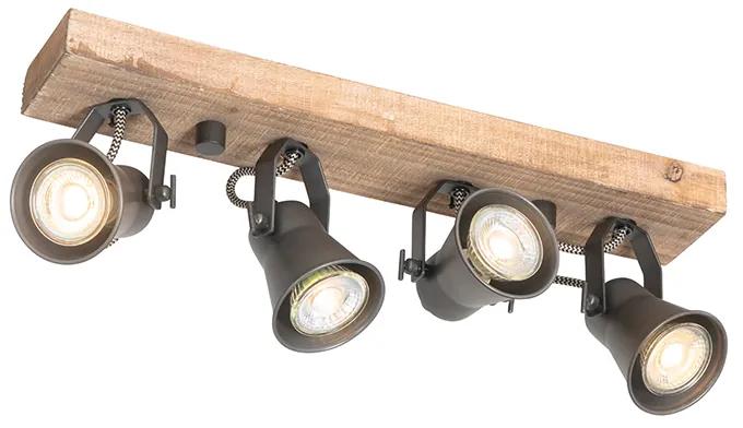 Landelijke Spot / Opbouwspot / Plafondspot zwart met hout 4-lichts verstelbaar - Jelle Landelijk GU10 Binnenverlichting Lamp