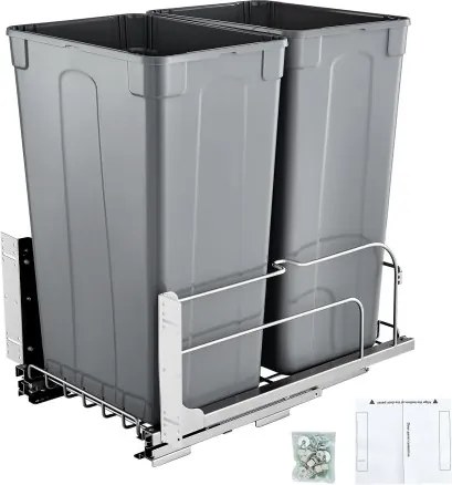 VEVOR Uitschuifbare Afvalbak (50 Qt x2), Dubbele Afvalbak voor Onder het Aanrecht, Prullenbak met Deur en Soft-Close Schuifmechanisme, voor Keukenkastjes, Spoelbak en Onder Het Aanrecht (Grijs)
