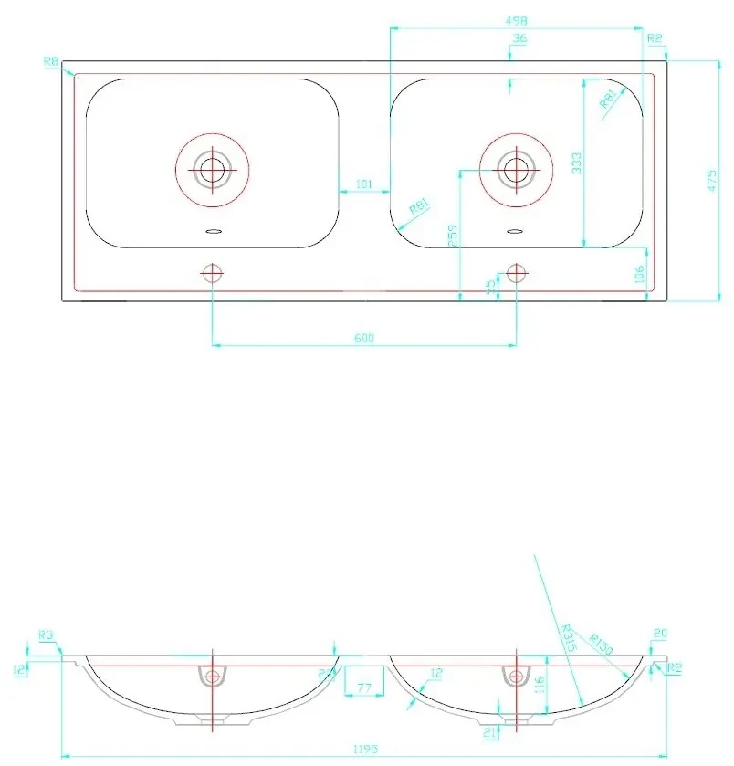 Best Design Bora dubbele wastafel zonder kraangaten polybeton wit