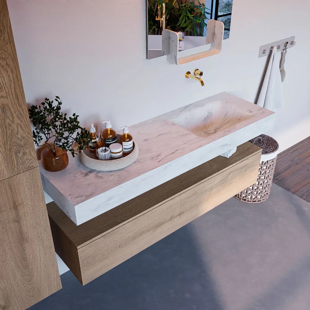 Mondiaz Alan DLux badmeubel 150cm washed oak 1 lade met wastafel opalo rechts zonder kraangat