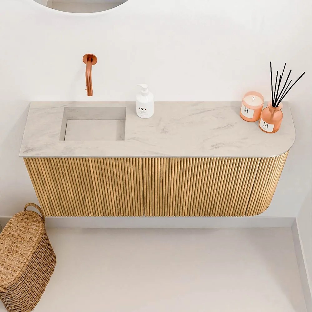 Mondiaz Joya DLux 90cm toiletmeubel ronding rechts oak met wastafel faye links zonder kraangat opalo