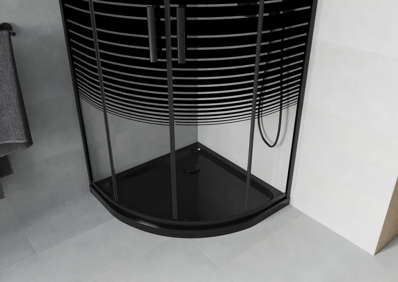 Mexen Rio halve ronde douchecabine 80 x 80 cm, zwarte strepen, zwart + platte douchebak, zwart - 863-080-080-70-20-4170B