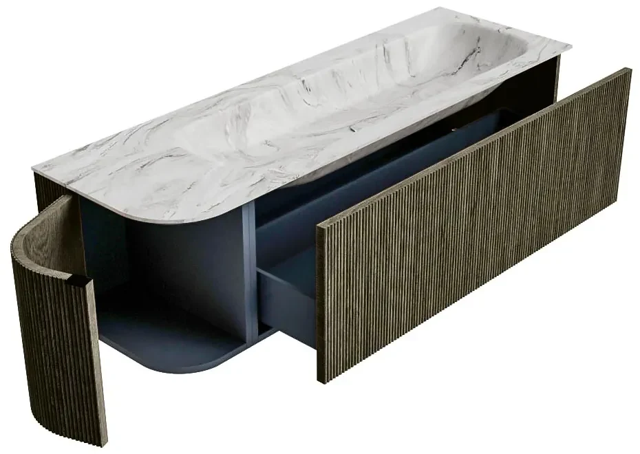 Mondiaz Kurve-dlux 145cm badmeubel ronding links shadow met 1 lade en deur en wastafel big large kraangat rechts glace